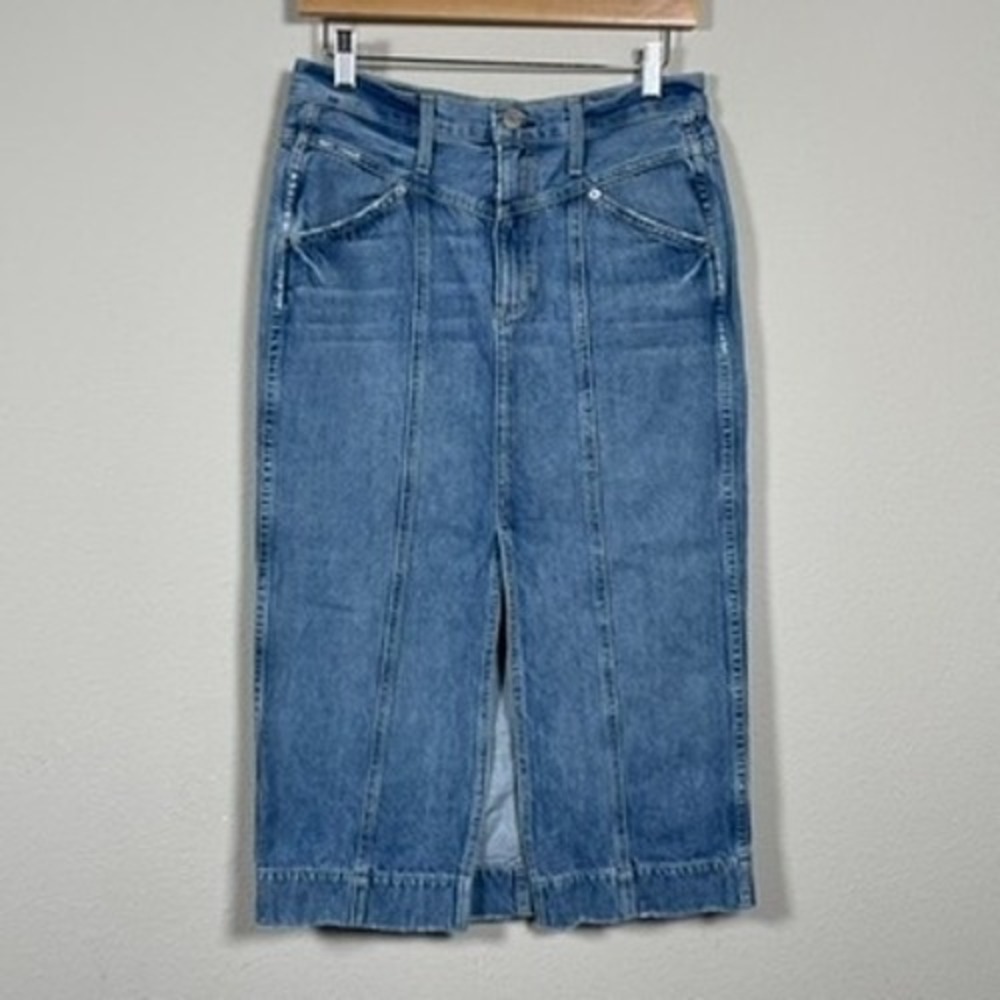 AMO Denim Midi Skirt Womens 27 Blue High Rise Front Slit Modern Minimalist USA